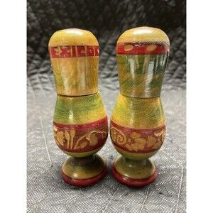 VTG Hand Carved Souvenir Wooden Mexico Salt and  Pepper Shakers Hand Painted 5”